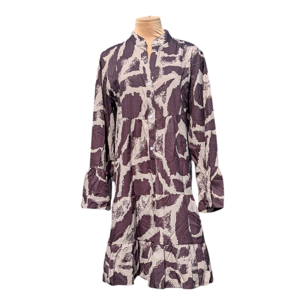 Abstract Brown flared sleeve mini shirt dress Ruffled Hem Womens L Whimsy Boho